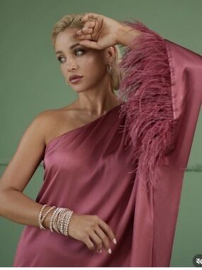 One-Shoulder Feather Trim Dress in Rose Zara silk